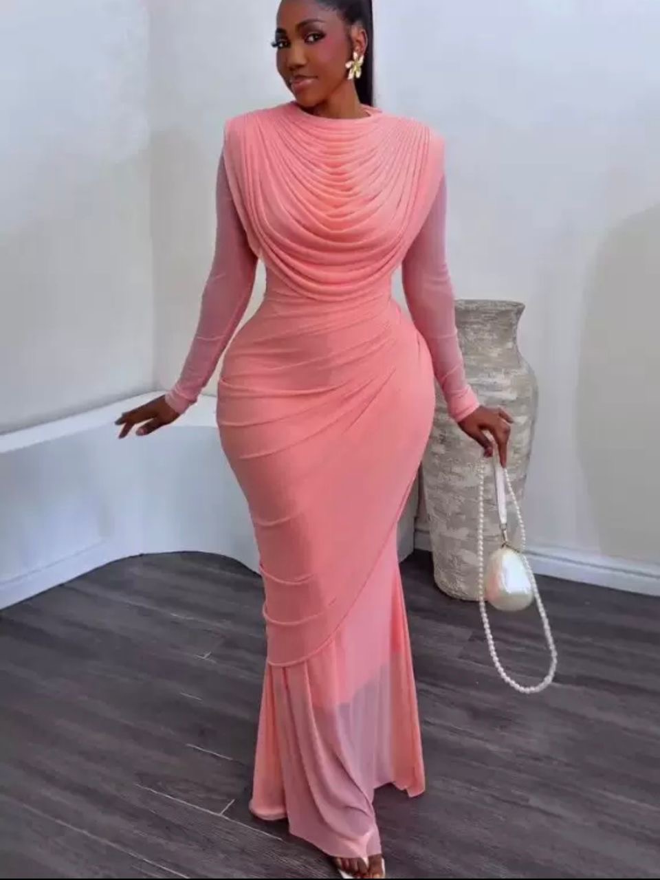Ruched Mesh Maxi Dress