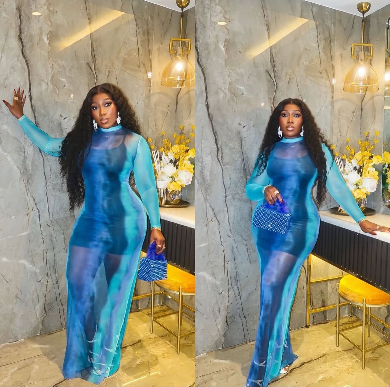 Blue mesh maxi dress