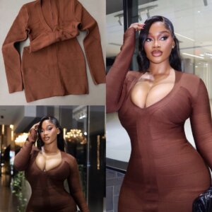 Plunging Neckline Sleeved Bandage Dress